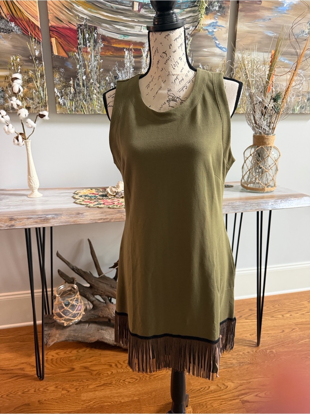 Boston Proper Olive Green Sleeveless Tank with Fringe Hem